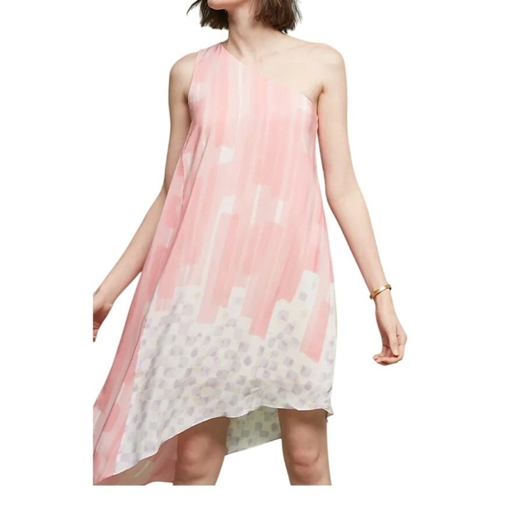 Anthropologie Maeve Avalonne Dress 4 Pink White Silk Asymmetric Fairy Ethereal